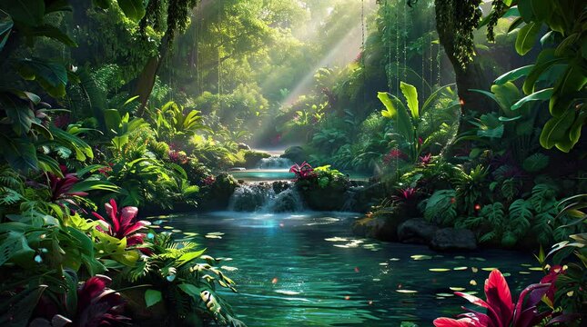 Enchanting fantasy river illuminated by ethereal, soaring light, casting a magical glow over the mystical waters
 Seamless looping 4k time-lapse virtual video animation background. Generated AI