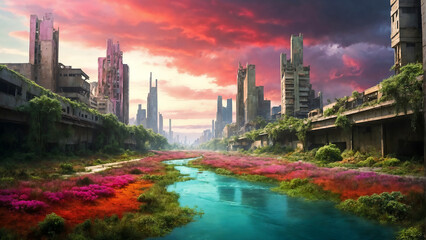 A river flows through the roads of the post-apocalyptic cityscape. The end of one civilization marks the beginning of a new one. - obrazy, fototapety, plakaty