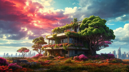 A massive tree grows through a house in the post-apocalyptic world. The end of one civilization marks the beginning of a new one. - obrazy, fototapety, plakaty
