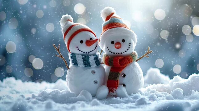 Two cheerful snowmen with beaming smiles, embodying the joy and delight of a snowy winter day
 Seamless looping 4k time-lapse virtual video animation background. Generated AI