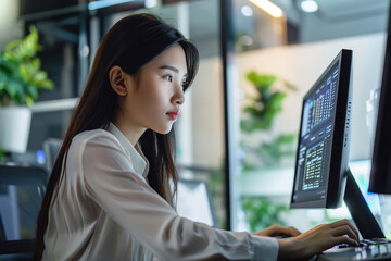 Asian women using computer for document management on business office for marketing and using technology AI artificial intelligence support in work it easy.