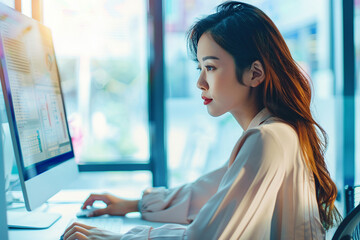 Asian women using computer for document management on business office for marketing and using technology AI artificial intelligence support in work it easy.