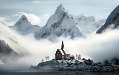 Catholic Church against the backdrop of evening fog in the mountains. religion and christianity - obrazy, fototapety, plakaty