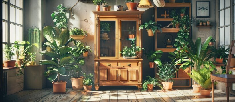 A charming and old-fashioned home interior featuring a vintage cabinet adorned with sophisticated gold decorations, numerous stylishly potted plants,