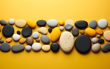 wide stripe of colored decorative stones and sea pebbles on a yellow background. abstract...