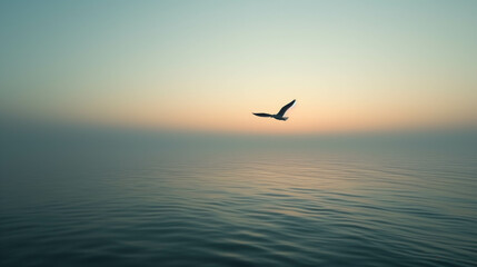 Fototapeta na wymiar Seagull soars with orange light of sunrise the sky and water in a coastal landscape.