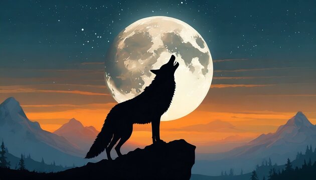A wolf howling at the moon. Full moon in the background of the image.
