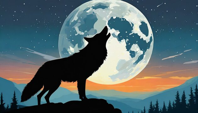 A wolf howling at the moon. Full moon in the background of the image.
