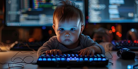 Baby hacker on the computer searching the dark web