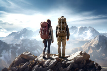 two tourists travelers with backpacks stand on the top of the mountain. tourism and adventure
