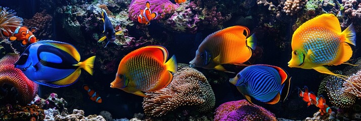 tropical fish in aquarium with water and coral 
