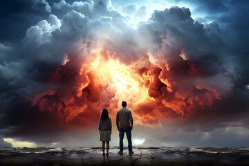 Fototapeta premium man and woman standing together and looking at dramatic colored clouds with lightning