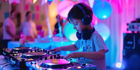 A young boy DJ rocks the party on his turntables 