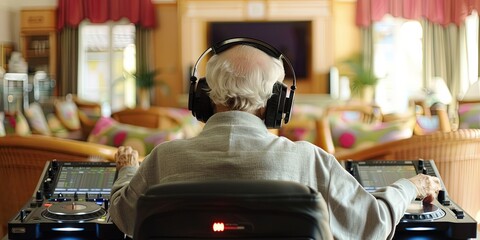 Elderly man DJs on a retirement cruise