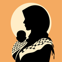 Silhouette of Love: A Palestinian Mother and Child Embracing, Captured in Elegant Black Silhouette Against a Flat Background.