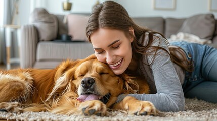 Young Millennial woman cuddles her dog in the living room floor