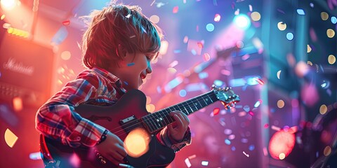 Little boy playing guitar at concert