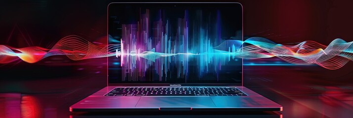 Musical sound waves on a laptop screen for music streaming services concept