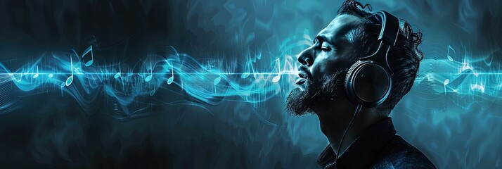 Man wearing headphones listening to music as soundwaves and music notes flutter on background. copy...
