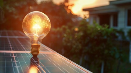 A light bulb glowing brightly powered by a solar panel attached to a buildings rooftop emphasizing the idea of sustainable and renewable . AI generation.