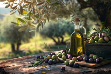 Olive oil bottles and olive branches on wooden background