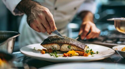 Elegant culinary experience featuring an upscale chef meticulously preparing an exquisite sea bass dish with top-tier expertise and presentation - obrazy, fototapety, plakaty