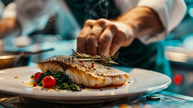 Elegant culinary experience featuring an upscale chef meticulously preparing an exquisite sea bass dish with top-tier expertise and presentation