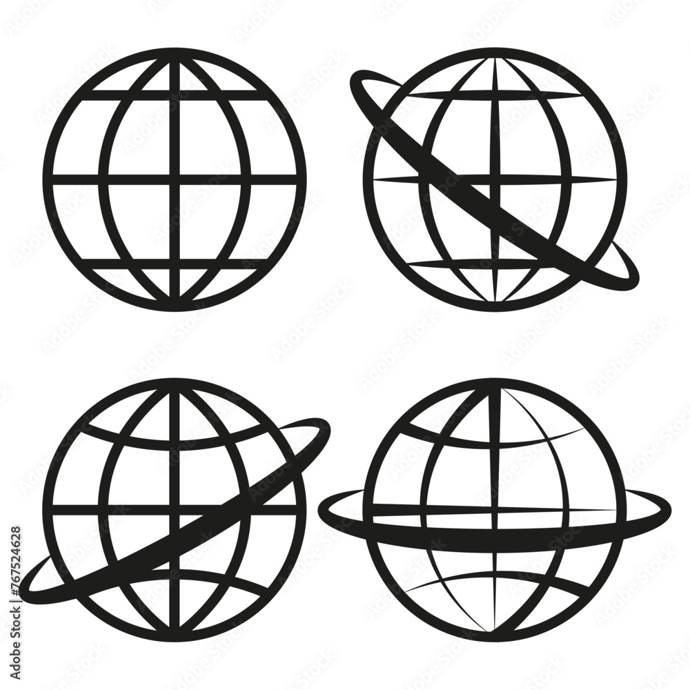 Poster globe icons set. world map symbols. global network signs. orbit line variations. vector illustration