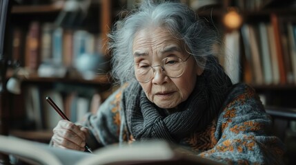 Old Chinese woman is writing seriously at home with her head down. She doesn't look at the camera, wears glasses, and has a friendly face. and the background is a wall of books in a minimalist style. - obrazy, fototapety, plakaty
