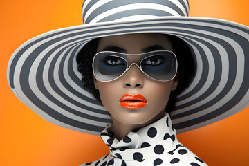 glamorous woman in a hat and sunglasses in colored clothes on a colored background. fashion and clothing style.
