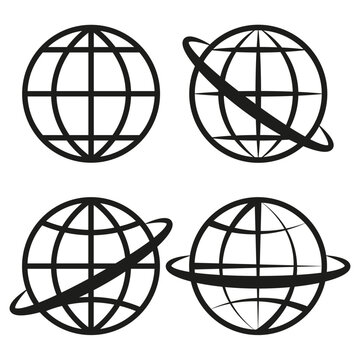 Globe icons set. World map symbols. Global network signs. Orbit line variations. Vector illustration. EPS 10.