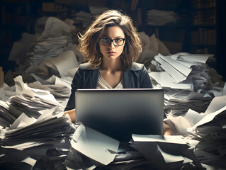 woman works at a laptop in the office against the backdrop of a large warehouse of papers and documents. experience - obrazy, fototapety, plakaty