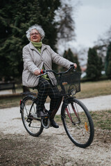 Mature female retiree cycling outdoors, enjoying active lifestyle and freedom in retirement.