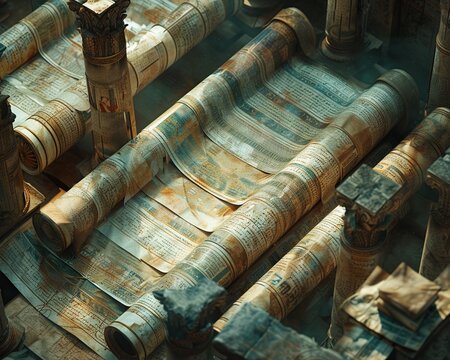 Capture a mesmerizing close-up image of ancient scrolls in the Library of Alexandria, hinting at lost knowledge that could have shaped modern technology