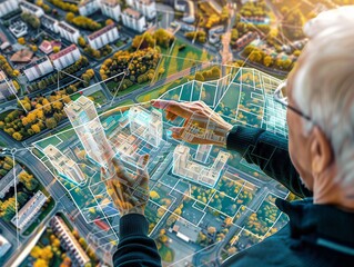 A man is looking at a map on a screen. He is pointing at a building and he is giving directions