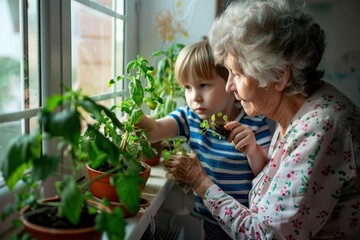 Fototapeta premium A beautiful 65-year-old woman, dressed in casual pastel-colored clothes, as she nurtures tomato seedlings with her 3-year-old grandson on the windowsill of her cherished home.