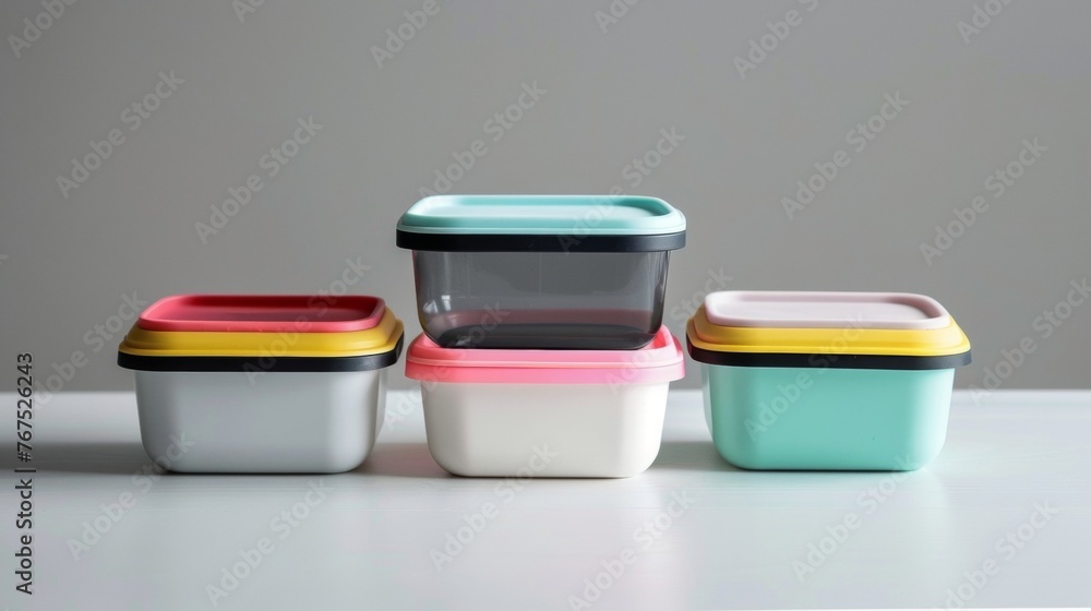 Poster a trio of sleek plastic food storage containers each one with a colorful silicone lid. the container