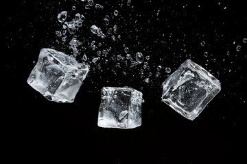 Obraz premium Ice cubes falling with water splashes on a black background.