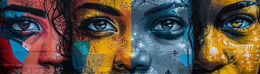 Elevate the impact of street art murals by using a high-angle view to amplify the vibrancy and storytelling within each artwork Let the cultural messages shine through in a visually compelling way tha