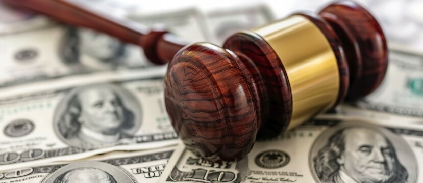 A wooden gavel sits on top of a pile of money