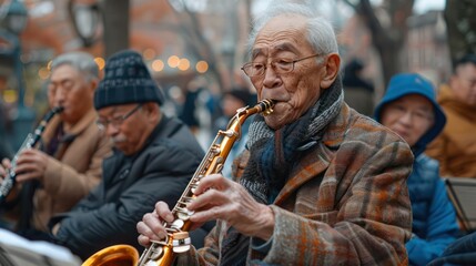 A group of older men gathers to play woodwind instruments, their music filling the air with melodic charm. - obrazy, fototapety, plakaty