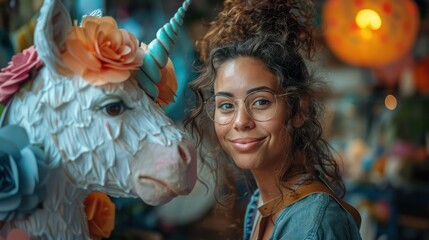 A woman is smiling in front of a unicorn made of paper - obrazy, fototapety, plakaty