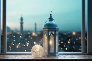 Foto op Plexiglas Eid mubarak and ramadan kareem greetings with islamic lantern and mosque. Eid al fitr background © Realistic AI