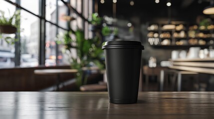Black tumbler mockup on a table in coffee shop. Black steel tumbler template.