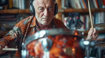 A white male drummer, aged 60, exudes joy while playing his drum set. Wearing headphones, he's fully immersed in his craft, his expression radiating happiness and passion for music.