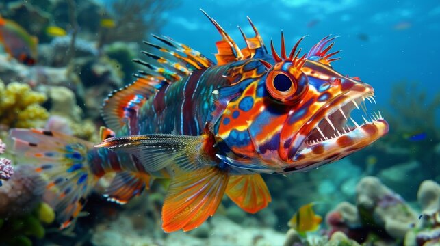 A colorful fish with sharp razorlike teeth representing the unseen predators that can pose serious danger to sailors and swimmers alike.