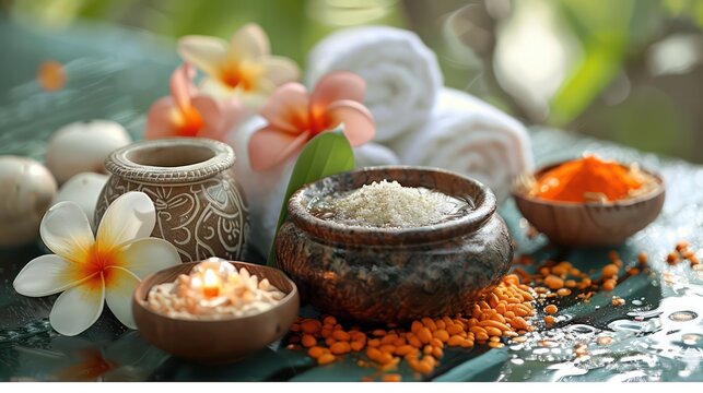 Ayurveda spa, a client receives a Pinda Sweda massage, a traditional Ayurvedic therapy known for its healing and rejuvenating properties.