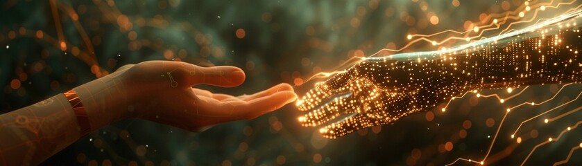 Craft a visually striking graphic depicting a human hand reaching out to touch a glowing AI interface, signifying the emotional connection in symbiotic relationships Use warm tones and soft lighting t - obrazy, fototapety, plakaty