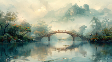 traditional village style chinese art green bridge over river with green tree, in the style of graphic design