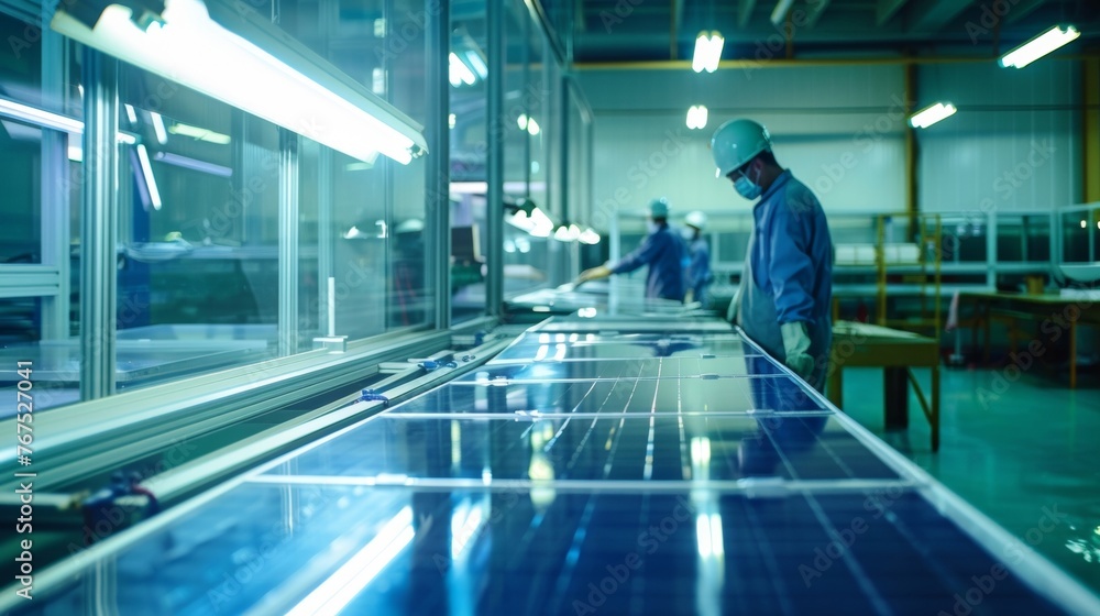 Poster an image of a solar panel factory where workers handle sheets of advanced glasslike material used to